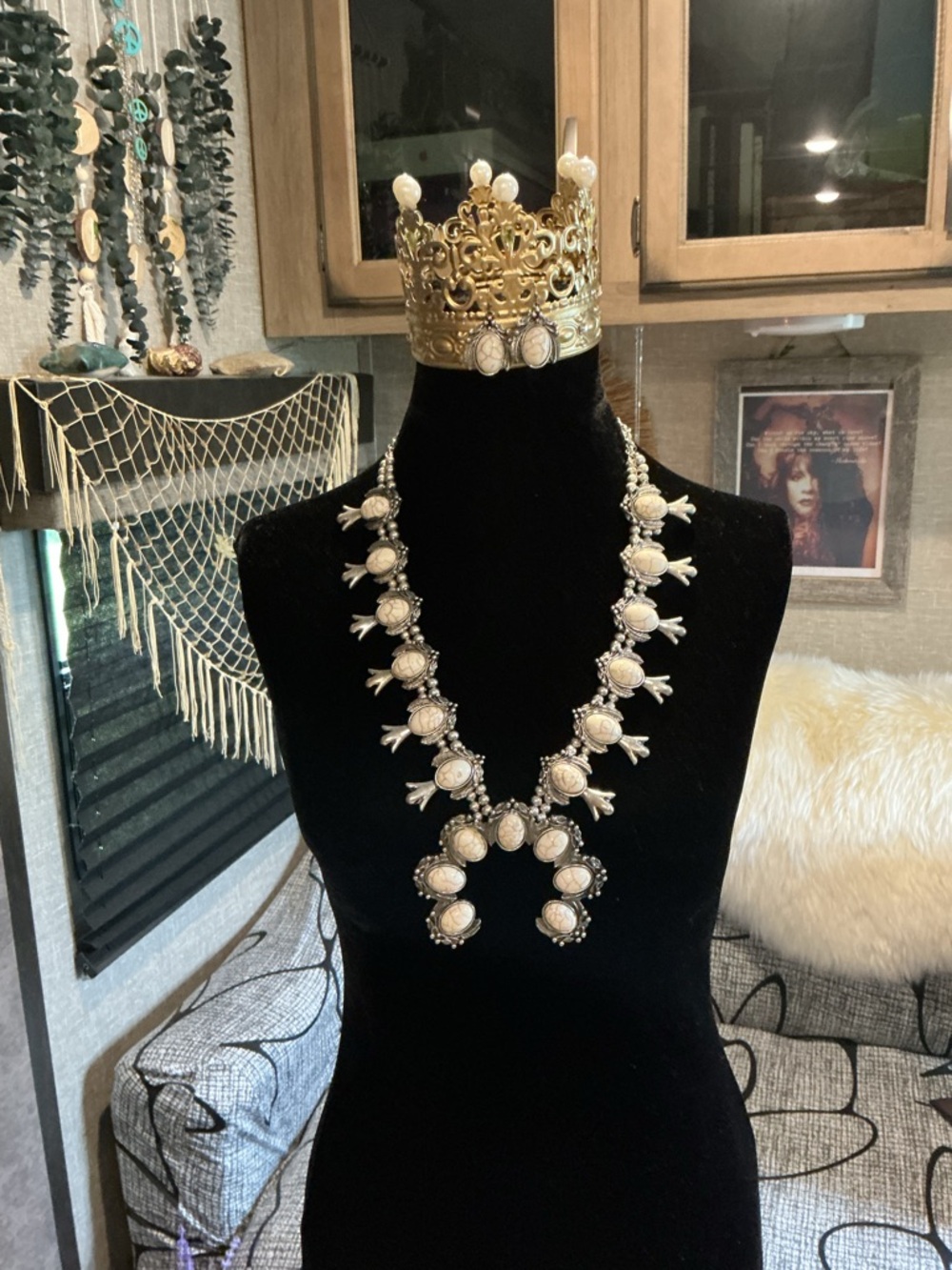 Navajo Style Faux White Buffalo Squash Blossom Necklace Set